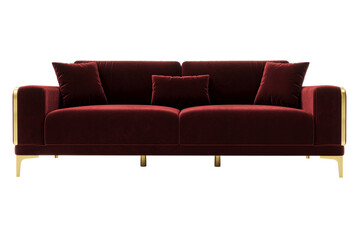 Modern and luxury red velvet sofa with god metallic legs isolated on white background. Furniture Collection. 