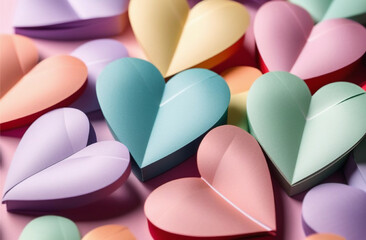 Paper hearts of pastel colors on a pink background, concept for Valentine's Day