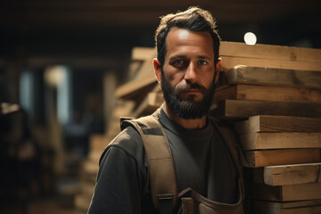 A carpenter in his workshop looking at the camera. Copy space.