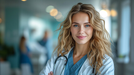 Beautiful and cheerful good mood young lady doctor dressed uniform smiling on lobby hospital background.