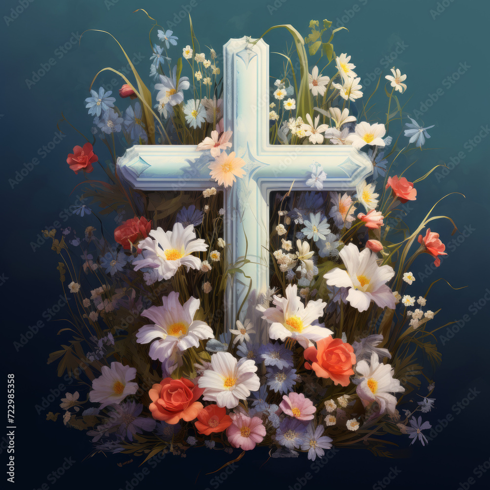 Wall mural A jesus cross that consists of colorful flowers	