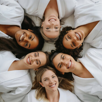 A group of women lying in a circular formation on top of a bed.