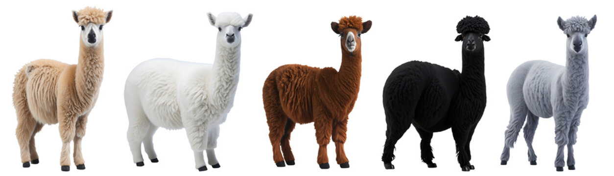 Set of happy many coloured alpacas standing isolated on transparent background. Generative AI	