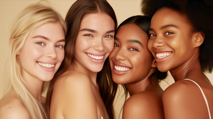 Obraz premium A diverse group of women stand shoulder to shoulder, smiling and chatting, at an outdoor event.