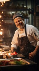 The chef's smile and the kitchen ambiance reflect the magic of culinary creation.