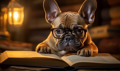Dog with glasses sitting reading a book