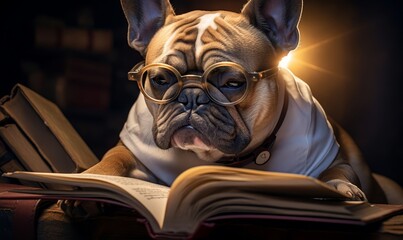 Dog with glasses sitting reading a book