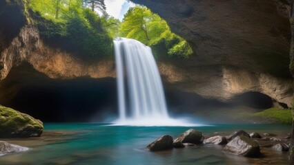 A thundering waterfall cascading into a hidden grotto.