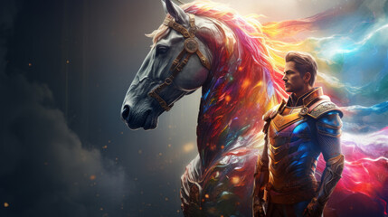 knight on horse in rainbow colors
