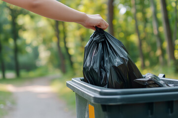 Closeup hand drops the garbage bag into the trash bin on the street of the forest