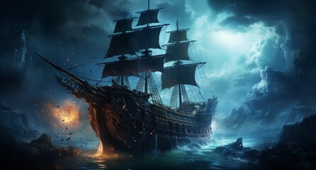 Pirate ship is sailing in the ocean - obrazy, fototapety, plakaty