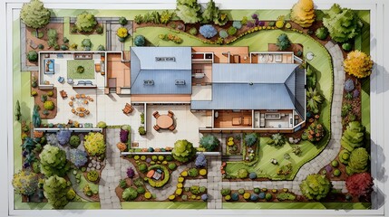 layout plan of home landscape design or garden design drawing by color pencil on white paper and group of color pencils