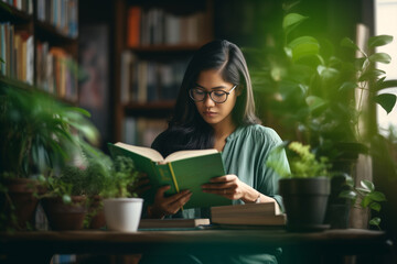 Asian woman, black hair, wearing eyeglasses, reading book in the room with many small plants on the table