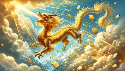 金色のドラゴン、金運、壁紙　（AI生成イラスト）