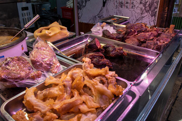 Braised beef cooked and sold in local market, Shanghai, China