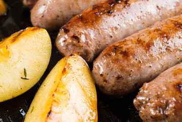 meat and sausages, raw, cooking and cooked