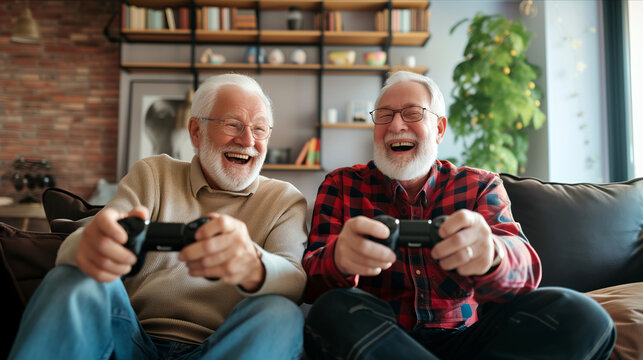 Two older men sitting on a couch engaging in a video game session with focused concentration and enthusiasm.