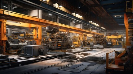 View inside an industrial factory with overhead traveling cranes. - obrazy, fototapety, plakaty