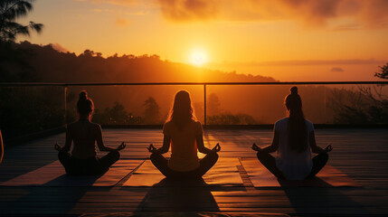 Group of People doing Yoga on a Terrace overlooking the Ocean