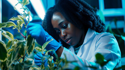 scientist in a futuristic lab, conducting botanical research