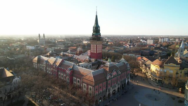 Aerial Drone View of European City with Church Tower and Cathedral Urban Cityscape