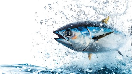 A tuna fish jumping out the water isolated on white background. AI generated image - obrazy, fototapety, plakaty