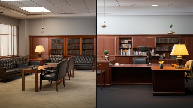 Two pictures of different office room interiors, classic warm models with wooden furniture and tables.
