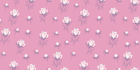 Abstract stylized tiny flowers roses and small buds, leaves stem seamless pattern. Vector hand drawn. Retro monotone pink cute meadow floral background. Design ornament for fashion, fabric, textile