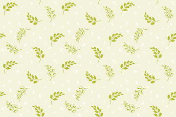 Seamless pattern with creative small silhouettes branches leaves and tiny shapes, drops, spots. Simple stylized green floral printing on a light background. Vector hand drawn. Design for printing