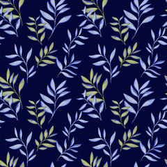 Bright blue elegance tropical floral seamless pattern on a dark blue background. Stylized artistic leaves branches printing. Vector drawn illustration. Design for fashion, fabric, textiles