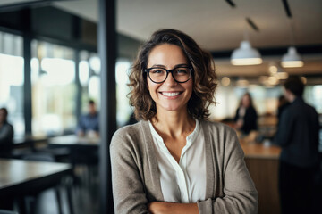 Beautiful lady in casual clothing smiling in the city office smiling happily and confidently