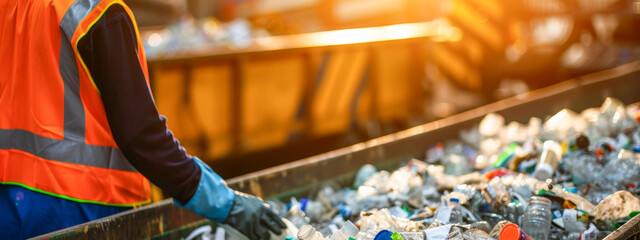 Dedicated employee in orange vest separating recyclable waste on a conveyor at a recycling plant.
 - obrazy, fototapety, plakaty