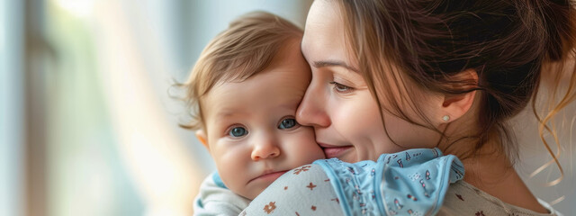 Serene moment of a mother hugging her baby with a soft gaze, depicting the bond between parent and child.

