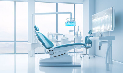 Dental chair and medical diagnostic machines in hospital. Preventive examination of medical dentistry by a doctor.