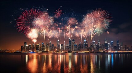 Fototapeta premium spectacular fireworks display lighting up the night sky to welcome the year 2024