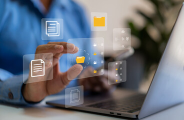 Human use laptop with online cloud document file management, information, system, DMS, online documentation database, manage files, enterprise with ERP.search and manage document business technology.
