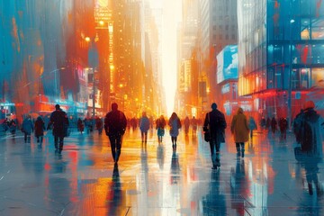 People create a dynamic urban atmosphere, capturing the essence of city life.