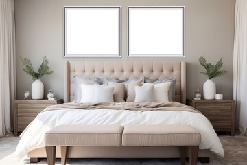 Empty frames on wall for artwork in modern bedroom design with upholstered bed with pillows, neutral linens, table lamps