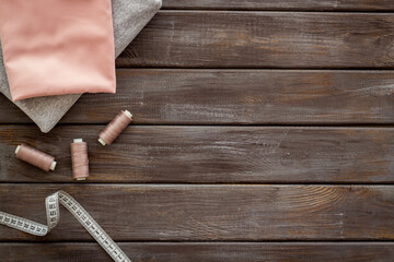 Sewing dress workshop desk top with fashion designer dressmaker accessories