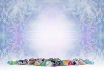 Crystal Healing Holistic diploma certificate accreditation award background - landscape orientation template with row of assorted different healing crystal gem stones at bottom and cool blue lilac wis - obrazy, fototapety, plakaty