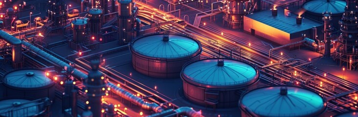 Aerial view Oil and gas power factory with storage tanks for petrochemical production. AI generated