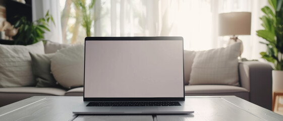 Sleek laptop on a table, symbolizing remote work in a bright, cozy home setting
