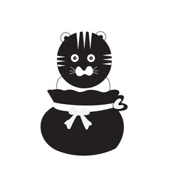 cat icon with cute basket, black sticker, animal character. vector illustration