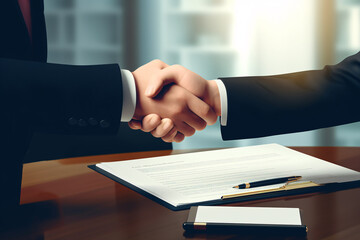Two businessmen shake hands while signing a contract lying on the table. Conclusion of a contract between two entities by a bank or an insurance company. - obrazy, fototapety, plakaty