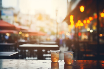 Unfocused cafes, buildings and people. Natural bokeh of city centre view, blurred out of focus background.