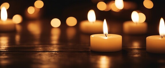 Burning candles on dark wooden background, peaceful scene, copy space for text
