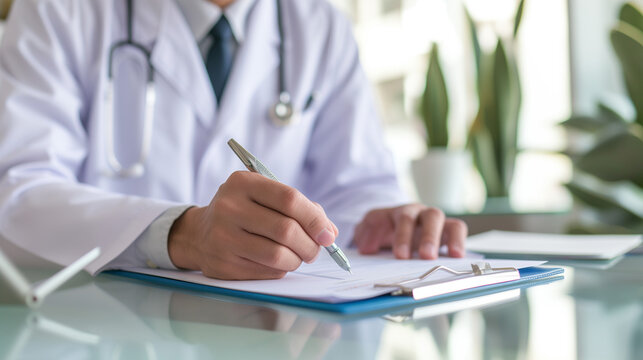 close up of a doctor writing on a clipboard
