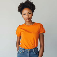 Orange T-shirt Mockup, Black Woman, Girl, Female, Model, Wearing a Orange Tee Shirt and Blue Jeans, Blank Shirt Template, White Background, Close-up View