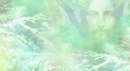 Fototapeta na wymiar Gentle Forest Spirit Watching over - ethereal green light and transparent face of a gentle spirit peering through the trees spiritual background 