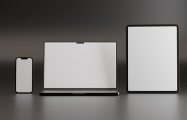 High end phone, tablet and laptop on black studio backdrop. Blank mockup template screen.	